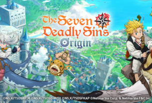 Personagens do anime Nanatsu no Taizai, como Tristan, voando montados em criaturas mágicas sobre a cidade de Liones. Arte oficial do jogo de RPG de mundo aberto The Seven Deadly Sins: Origin.