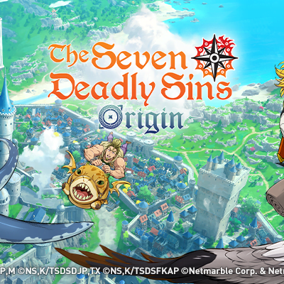 Personagens do anime Nanatsu no Taizai, como Tristan, voando montados em criaturas m&aacute;gicas sobre a cidade de Liones. Arte oficial do jogo de RPG de mundo aberto The Seven Deadly Sins: Origin.