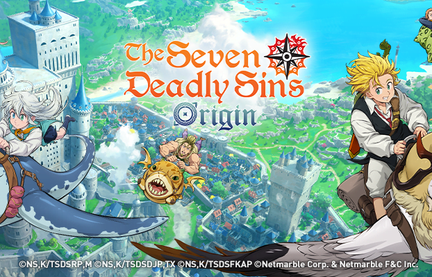 Personagens do anime Nanatsu no Taizai, como Tristan, voando montados em criaturas m&aacute;gicas sobre a cidade de Liones. Arte oficial do jogo de RPG de mundo aberto The Seven Deadly Sins: Origin.