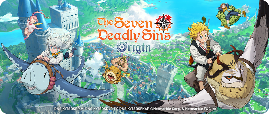 Personagens do anime Nanatsu no Taizai, como Tristan, voando montados em criaturas mágicas sobre a cidade de Liones. Arte oficial do jogo de RPG de mundo aberto The Seven Deadly Sins: Origin.