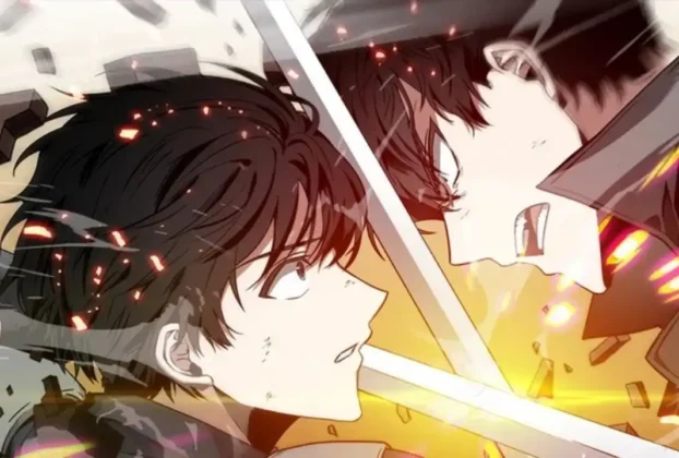 Kim Dokja e Yoo Joonghyuk cruzando espadas em um confronto intenso. Cena de a&ccedil;&atilde;o do manhwa Ponto de Vista do Leitor Onisciente (Omniscient Reader's Viewpoint) com fa&iacute;scas e escombros voando